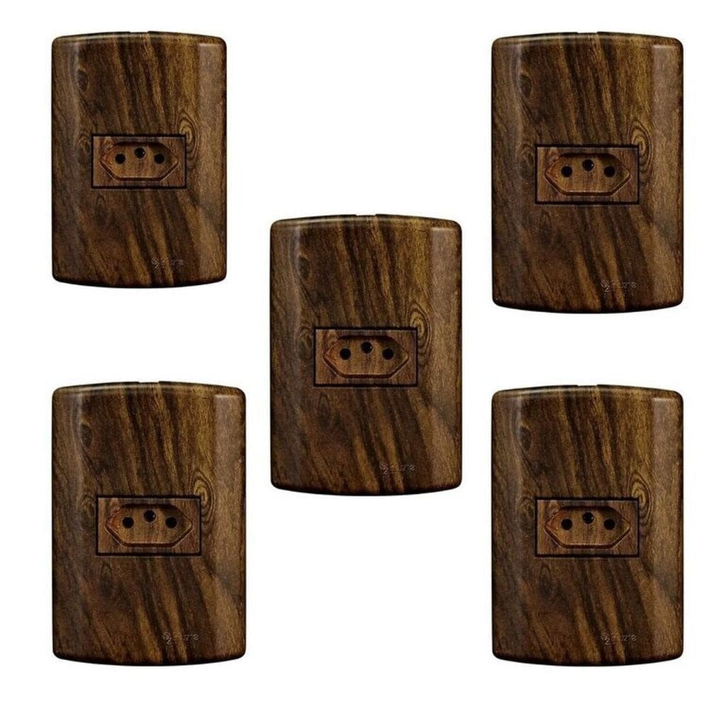 Conjunto com 5 Tomadas 2p+t 10a 250v, Modular, com Placa 4x2 e Suporte Madeirado Imbuia