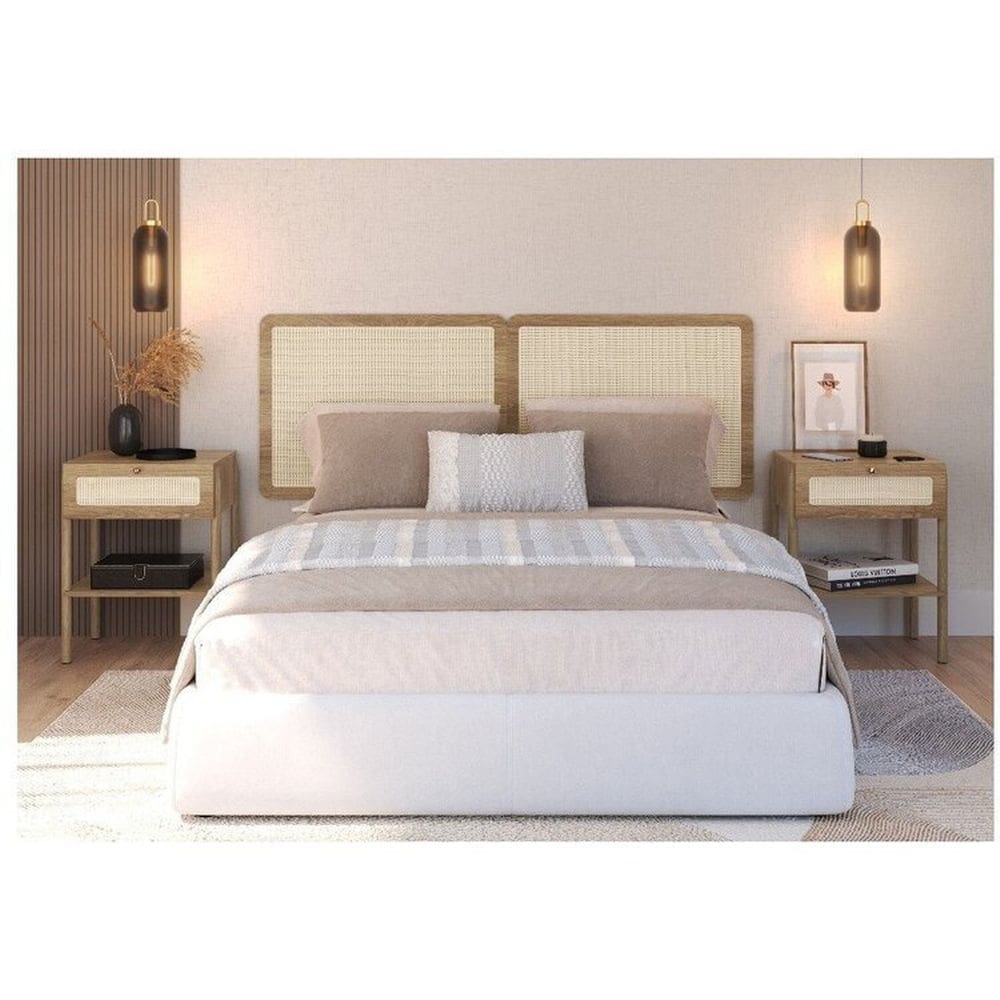Conjunto Cabeceira Casal 160cm e 2 Mesas de Cabeceira 1 Gaveta Pé Madeira Palhinha Oslo Hanover