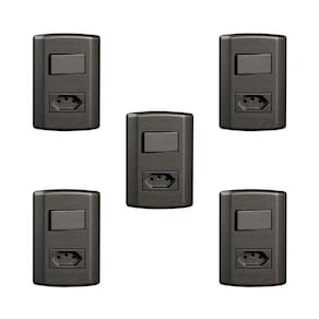 Conjunto de 5 Interruptores de 1 Tecla Simples e Tomada 2p+t 20A , Modular, com Placa 4x2 e Suporte Preto