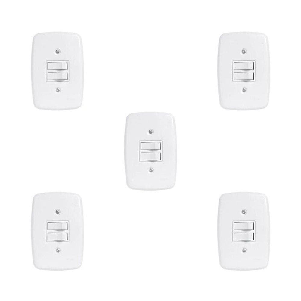 Conjunto de 5 Interruptores de 2 Teclas Simples com Placa 4x2 Branco