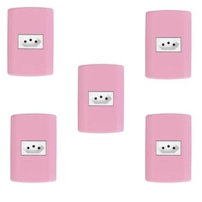 Conjunto com 5 Tomadas 2p+t 10A 250v, Modular, com Placa 4x2 e Suporte Rosa
