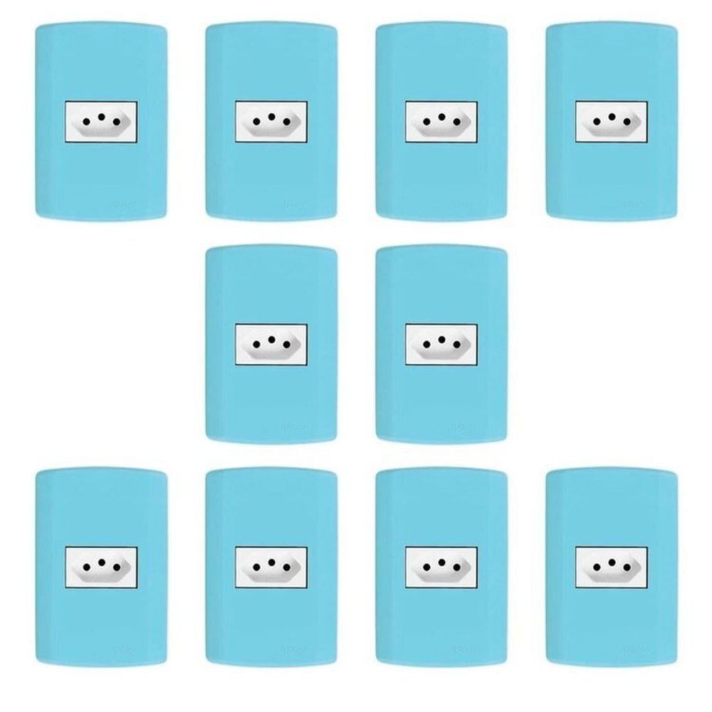 Conjunto com 10 Tomadas 2p+t 10A 250v, Modular, com Placa 4x2 e Suporte Azul