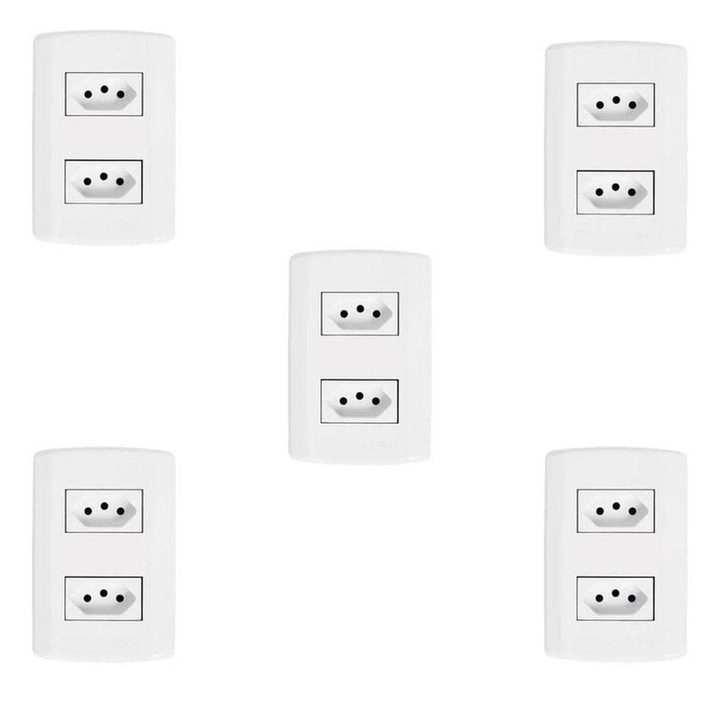 Cinco Conjuntos com 2 Tomadas 2p+t 20A 250v, Modular, com Placa 4x2 e Suporte Branco