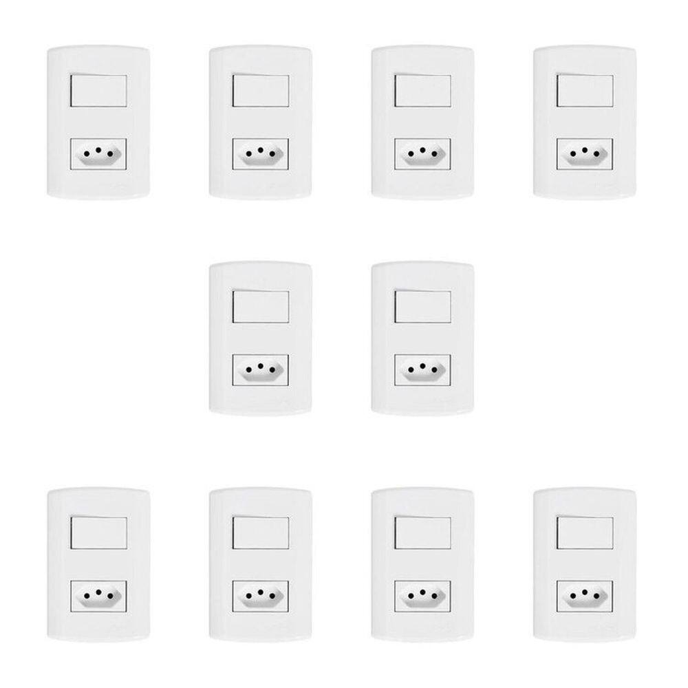 Conjunto de 10 Interruptores de 1 Tecla Simples e Tomada 2p+t 20A , Modular, com Placa 4x2 e Suporte Branco