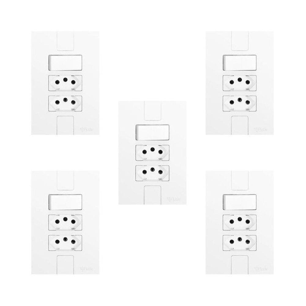 Conjunto de 5 Interruptores de 1 Tecla Simples e 2 Tomadas 2p+t 20A , Modular, com Placa 4x2 Branco
