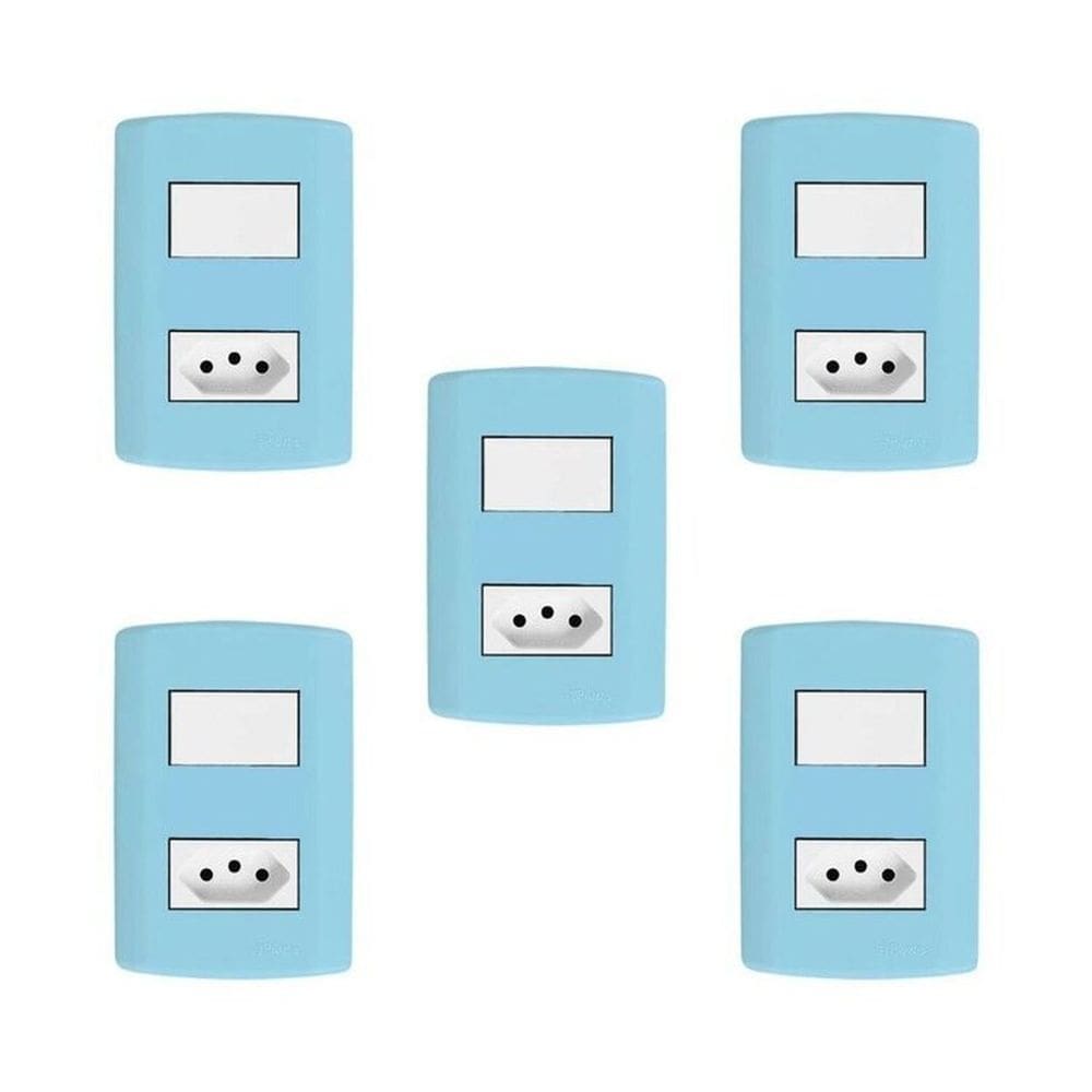 Conjunto de 5 Interruptores de 1 Tecla Simples e Tomada 2p+t 20A , Modular, com Placa 4x2 e Suporte Azul e Branco