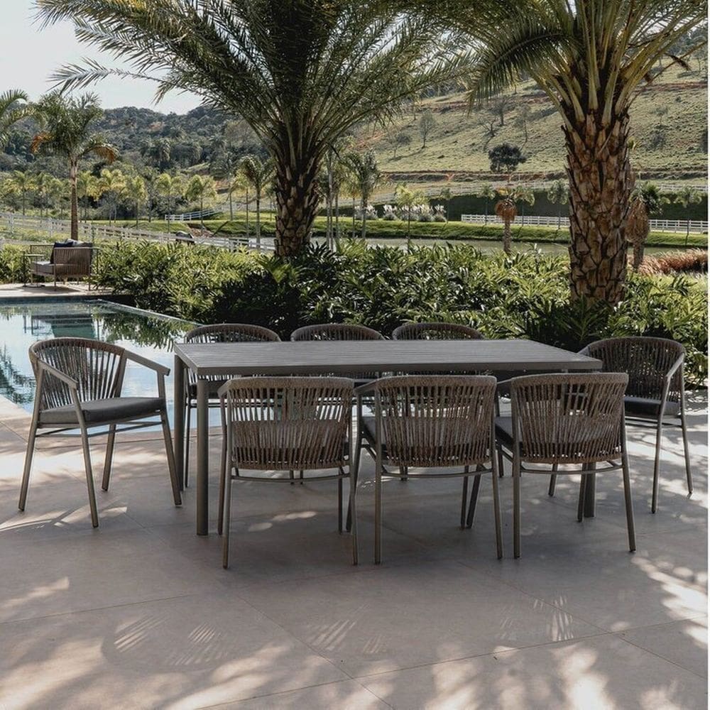 Conjunto Jardim e Varanda 1 Mesa 190cm 8 Cadeiras com Braços Refúgio Cabecasa Madeiramadeira Champanhe/Cinza Mesclado