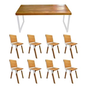 Conjunto Mesa Industrial Bernardo Madeira Maciça 2,20mx90cm C- Ferragem Branca E 8 Cadeiras Detroit Marrom