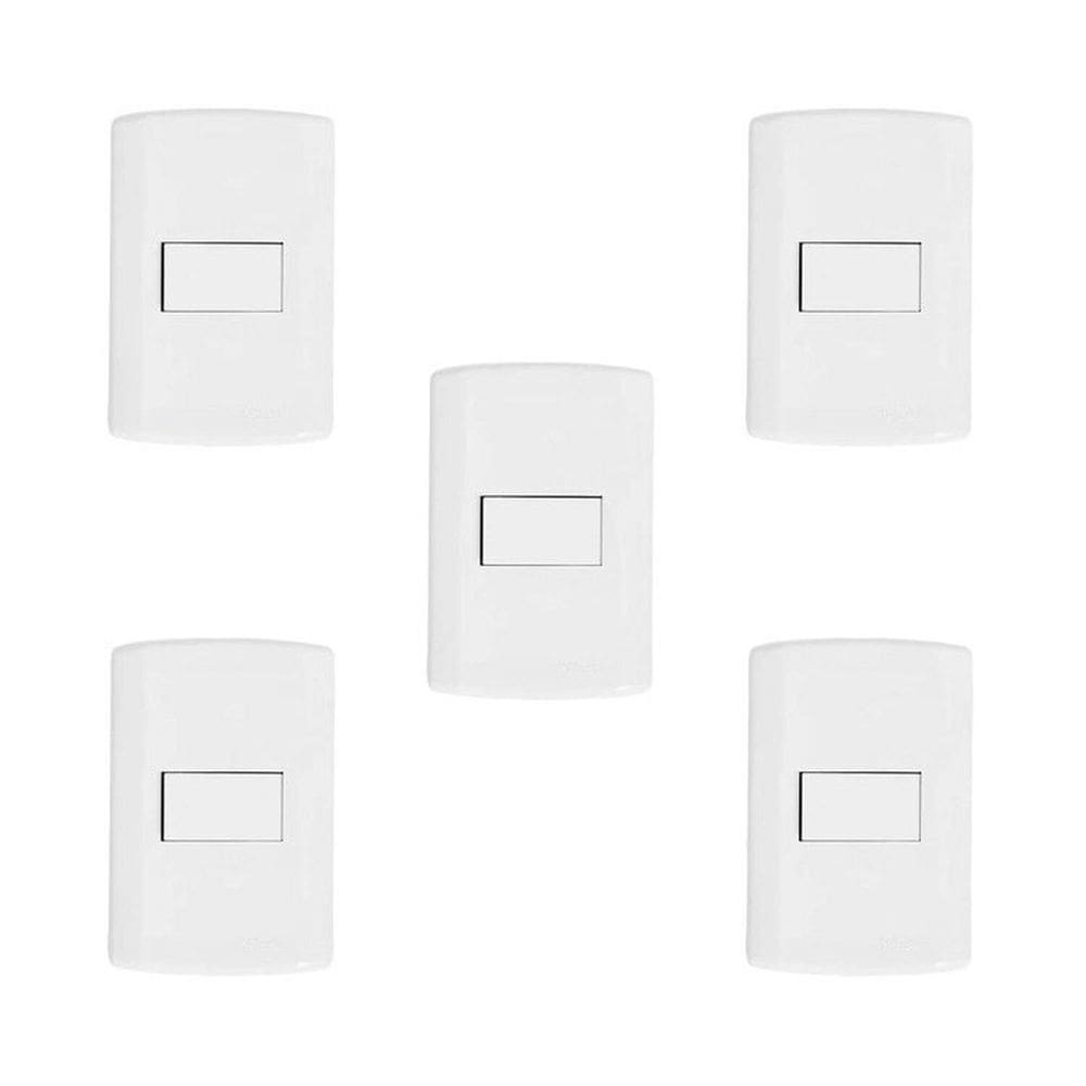 Conjunto de 5 Interruptores de 1 Tecla Simples, Modular, com Placa 4x2 e Suporte Branco