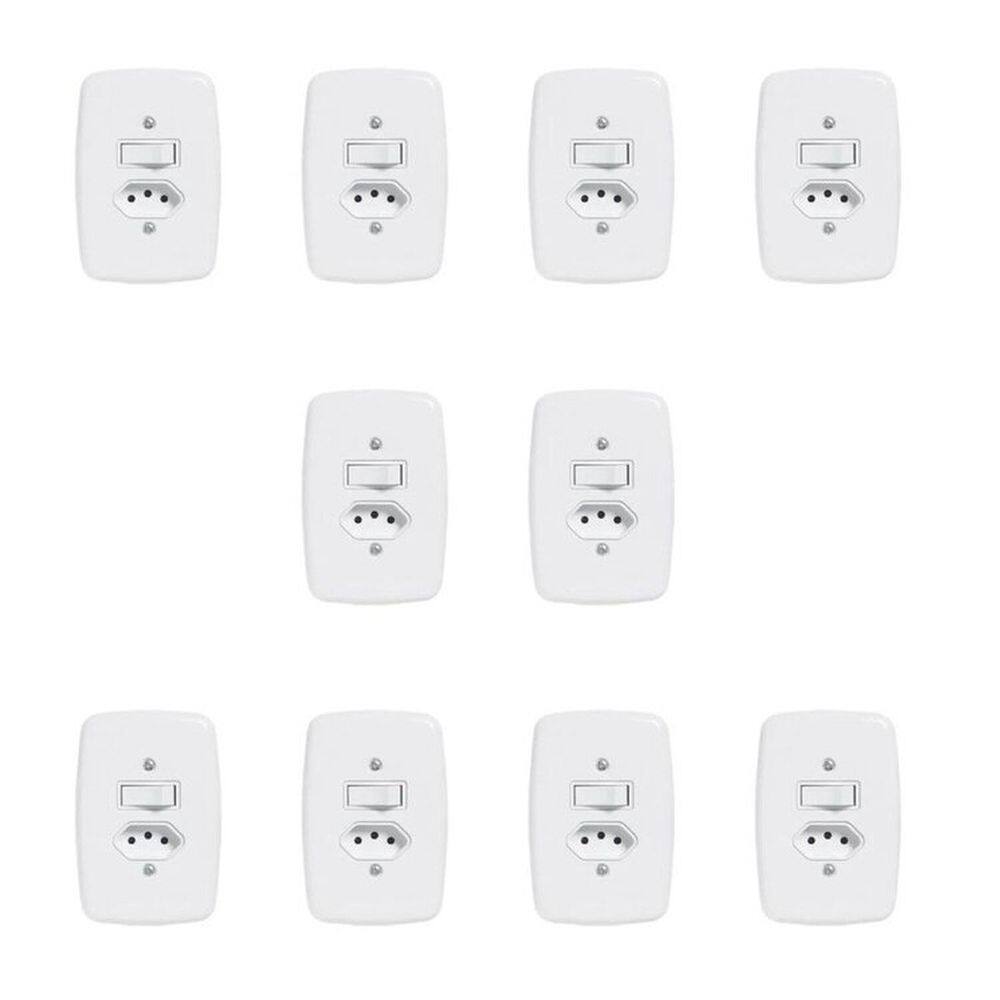 Conjunto de 10 Interruptores de 1 Tecla Simples e Tomada 2p+t 20A , com Placa 4x2 Branco