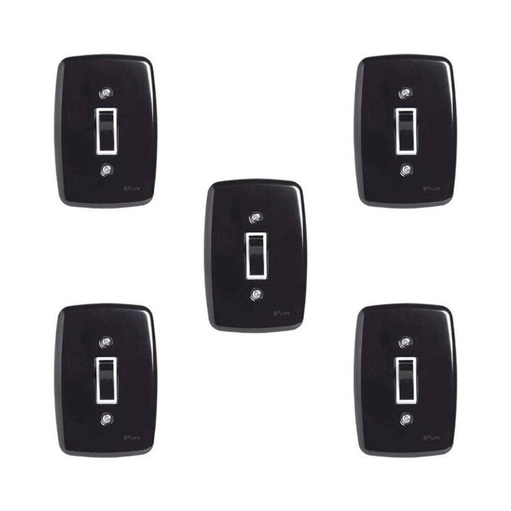 Conjunto de 5 Interruptores de 1 Tecla Simples com Placa 4x2 Preto