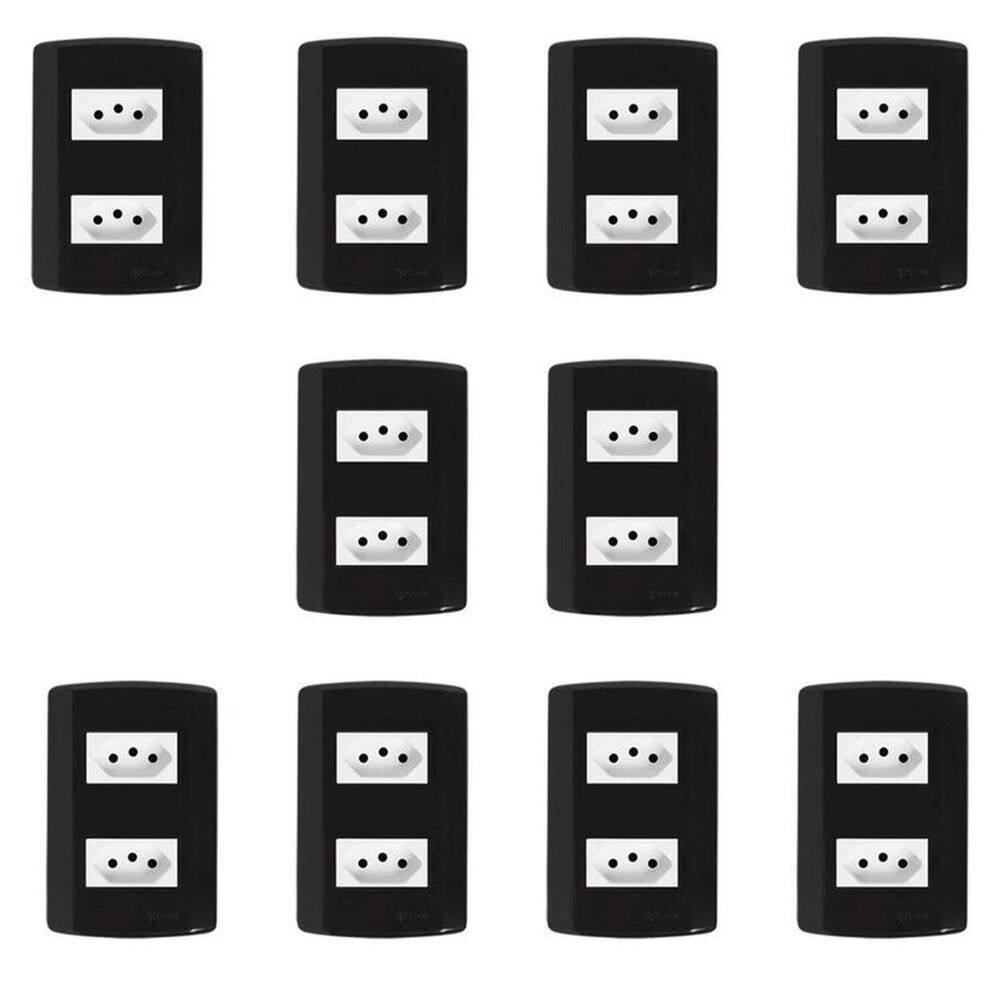 Dez Conjuntos com 2 Tomadas 2p+t 20A 250v, Modular, com Placa 4x2 e Suporte Preto e Branco