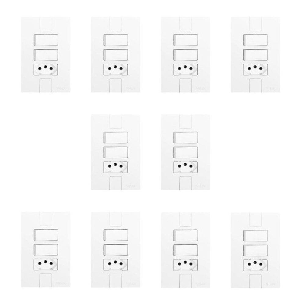Conjunto de 10 Interruptores de 2 Teclas Simples e Tomada 2p+t 20A , Modular, com Placa 4x2 Branco