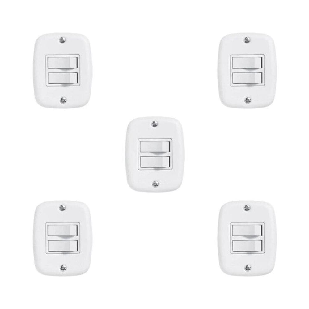 Conjunto de 5 Interruptores de 2 Teclas Simples com Placa de Sobrepor Branco