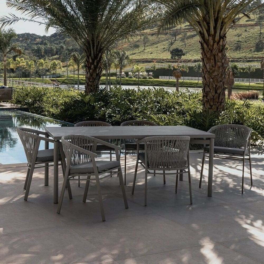 Conjunto Jardim e Varanda 1 Mesa 190cm 6 Cadeiras com Braços Refúgio Cabecasa Madeiramadeira Champanhe/Cinza Mesclado