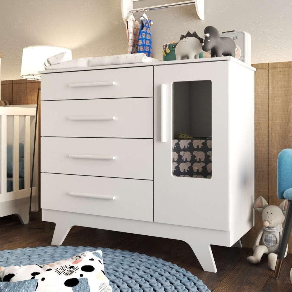 Cômoda Infantil 1 Porta Com Janela 4 Gavetas Retrô Móveis Peroba Branco Brilho