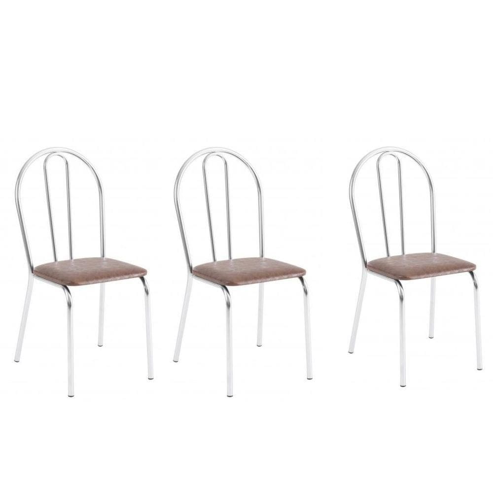 Conjunto 3 Cadeiras Lena Cromada Resistente Sintético Marrom