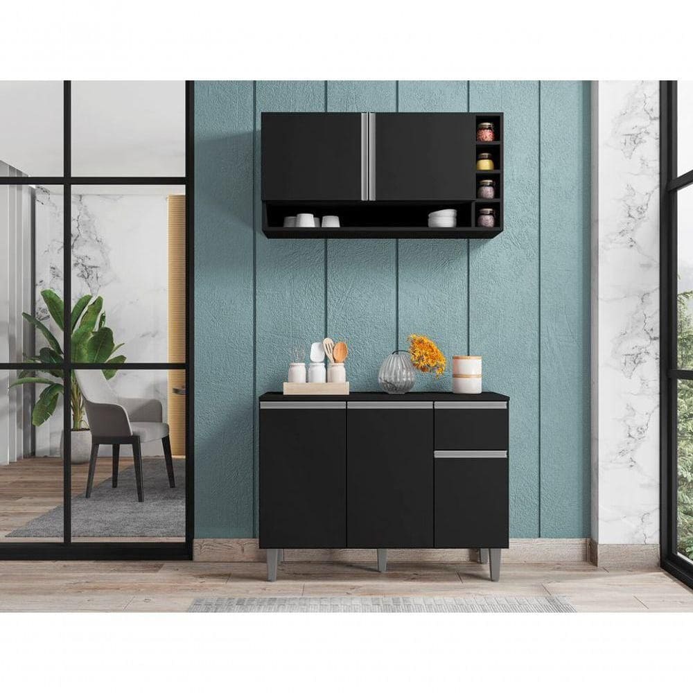 Kit Armario Para Cozinha Compacto Vanessa Balcão 105cm Preto Ajl