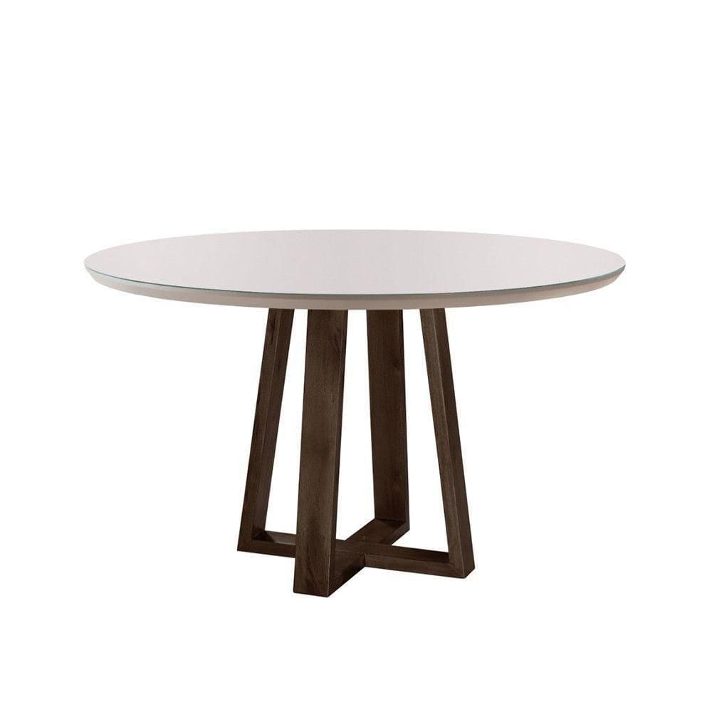 Mesa De Jantar Redonda Natalle Madeira Maciça E Tampo Com Vidro 100Cm Móveis Mix Castanho/Off White