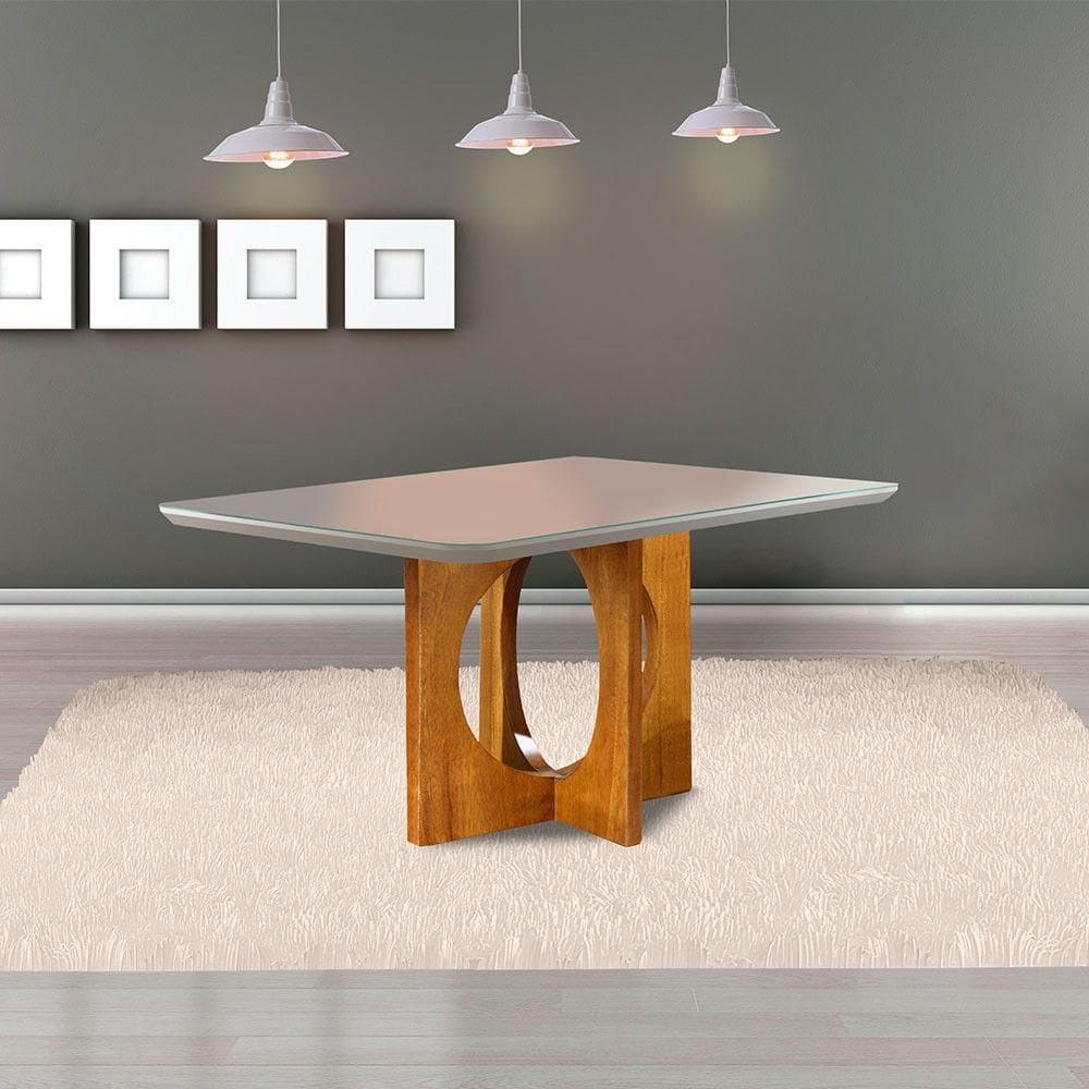 Mesa De Jantar 6 Lugares Barcelona Tampo Em Vidro 160Cm - Móveis Mix Mel/Off-White