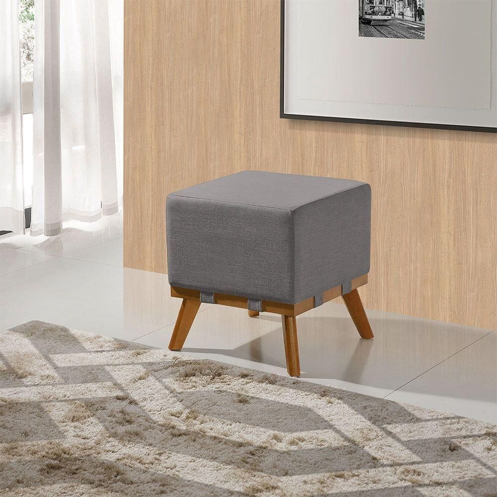 Puff Liso Com Base Madeira D26 Soft Linho Sofatec Grafite