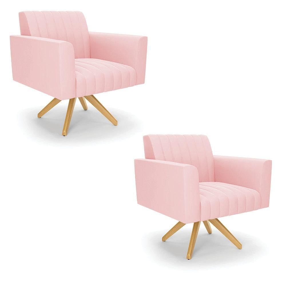 Kit 2 Poltronas Giratória Viena Gomada Suede Rosa Bebê Base De Madeira Ma30 - D`rossi