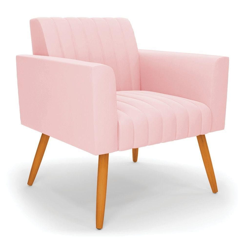 Poltrona Viena Gomada Suede Rosa Bebê Pés Palito Castanho - D`rossi