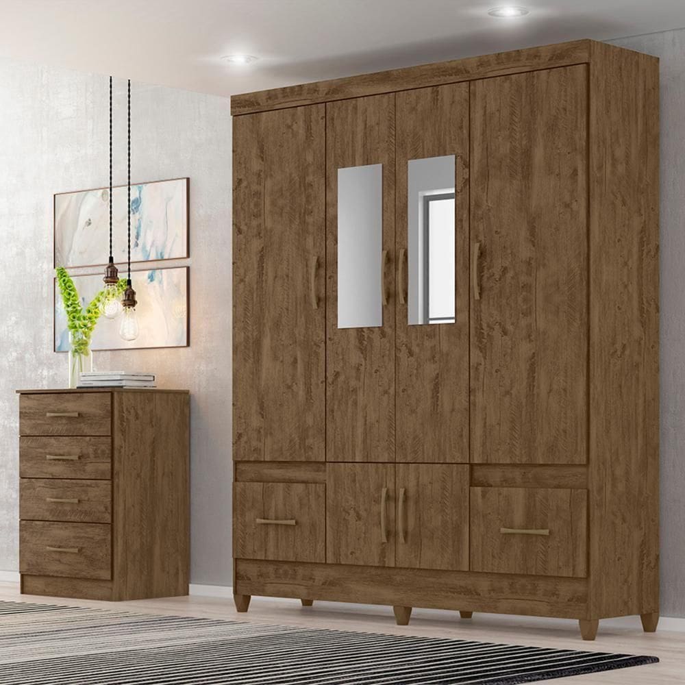 Kit Guarda Roupa Casal Com Espelho Ms 912 + Cômoda Ms 913 Castanho Wood - Moval