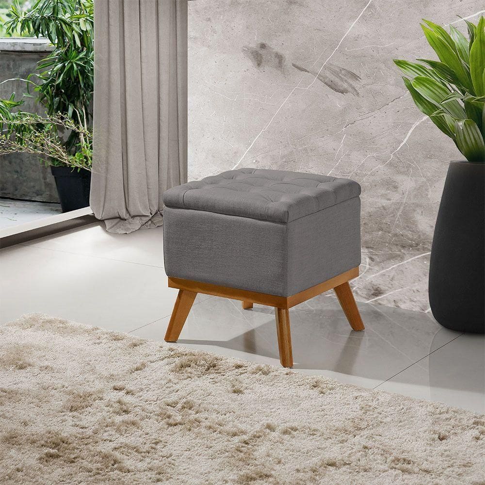Puff Capitone Com Base Madeira D26 Soft Linho Sofatec Grafite