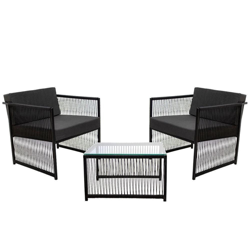 2 Poltronas E Mesa De Centro Santiago Fio Fibra Sintética Ferro - Estofado