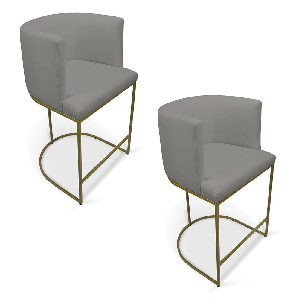 Kit 2 Banquetas Paola Linho Grafite A26 Base Metálica Dourada - D`rossi
