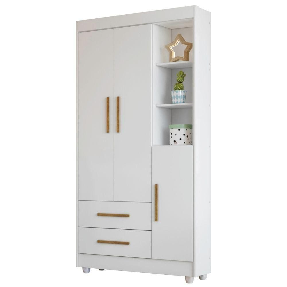 Guarda Roupa Roupeiro Infantil Flocos 3 Portas 2 Gavetas Tigus Baby Flex Branco Madeirado Ypê