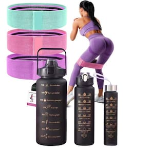 Kit Garrafa Motivacional Squeeze Cor Preto- 03 Peças + Kit 3 Faixas Elásticas De Exercício Hip Resistance Bands