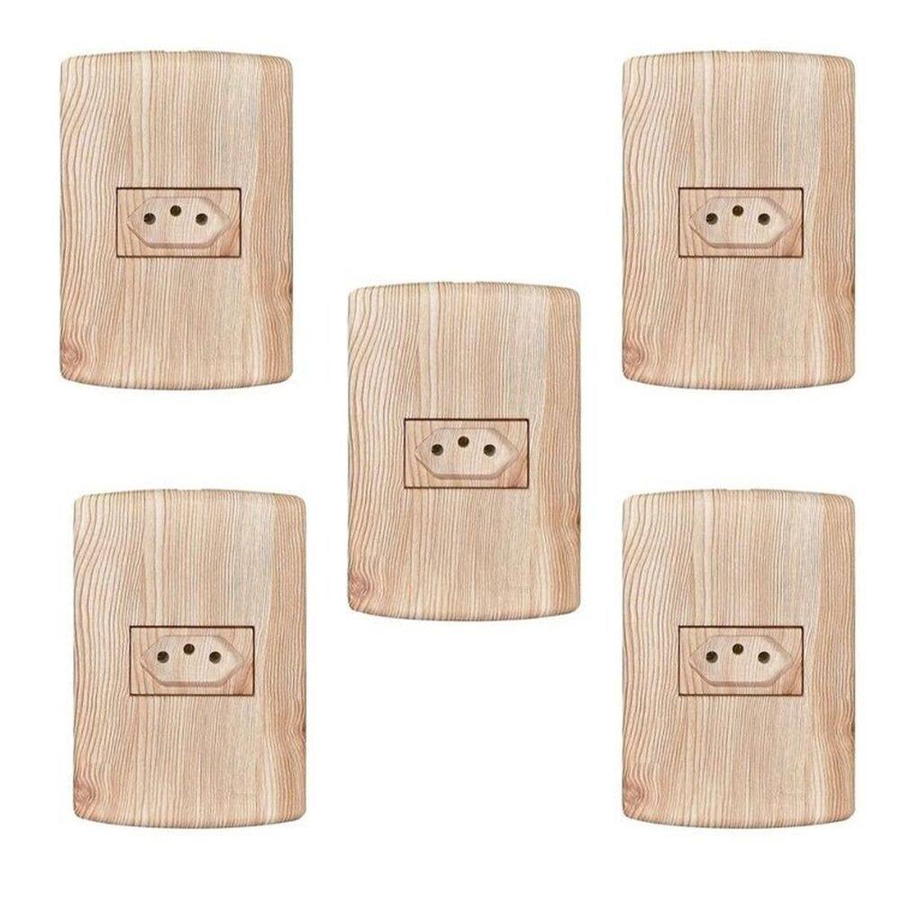 Conjunto com 5 Tomadas 2p+t 10A 250v, Modular, com Placa 4x2 e Suporte Madeirado Angelim