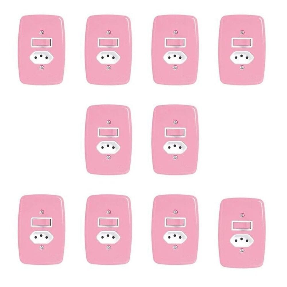 Conjunto de 10 Interruptores de 1 Tecla Simples e Tomada 2p+t 20A , com Placa 4x2 Rosa