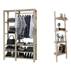 Kit Estante De Madeira Simples Decorativo De Madeira Multiuso E Arara Closet Aberto Modelo Industria