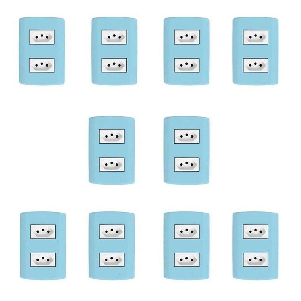 Dez Conjuntos com 2 Tomadas 2p+t 20A 250v, Modular, com Placa 4x2 e Suporte Azul e Branco