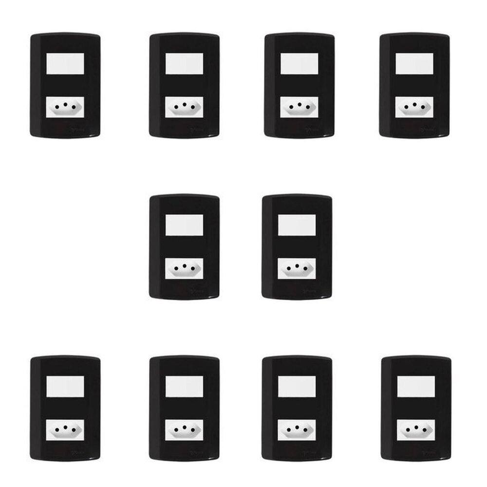 Conjunto de 10 Interruptores de 1 Tecla Simples e Tomada 2p+t 20A , Modular, com Placa 4x2 e Suporte Preto e Branco
