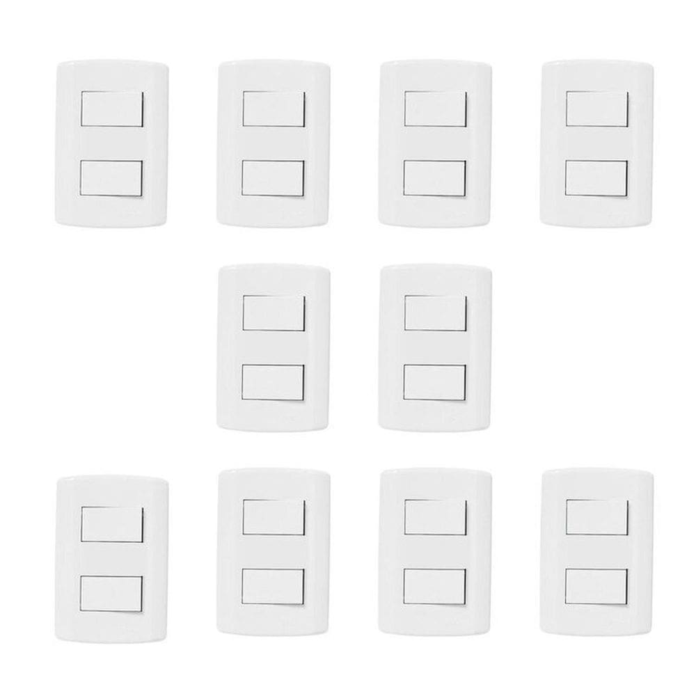Conjunto de 10 Interruptores de 2 Teclas Simples, Modular, com Placa 4x2 e Suporte Branco