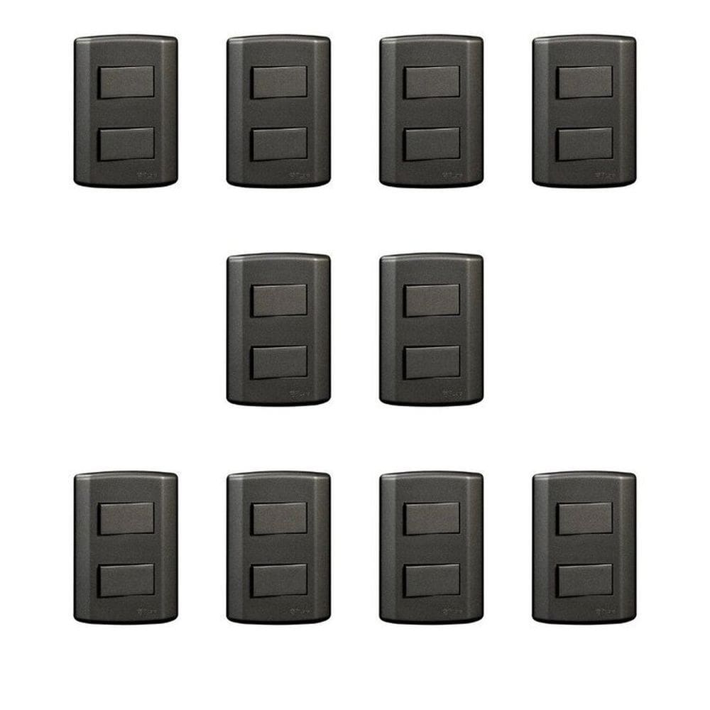 Conjunto de 10 Interruptores de 2 Teclas Simples, Modular, com Placa 4x2 e Suporte Cinza