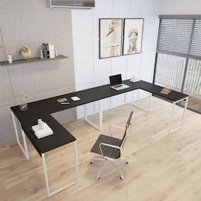 Kit 2 Mesas de Escritório em L Estilo Industrial 1,50mx1,50m Kuadra Ônix/Branco Chess