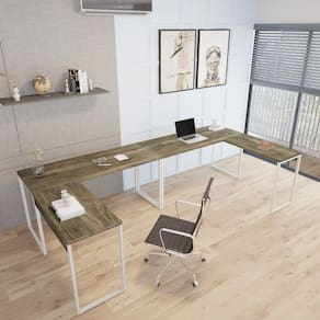 Kit 2 Mesas de Escritório em L Estilo Industrial 1,50mx1,50m Kuadra Carvalho Dark/Branco Ches