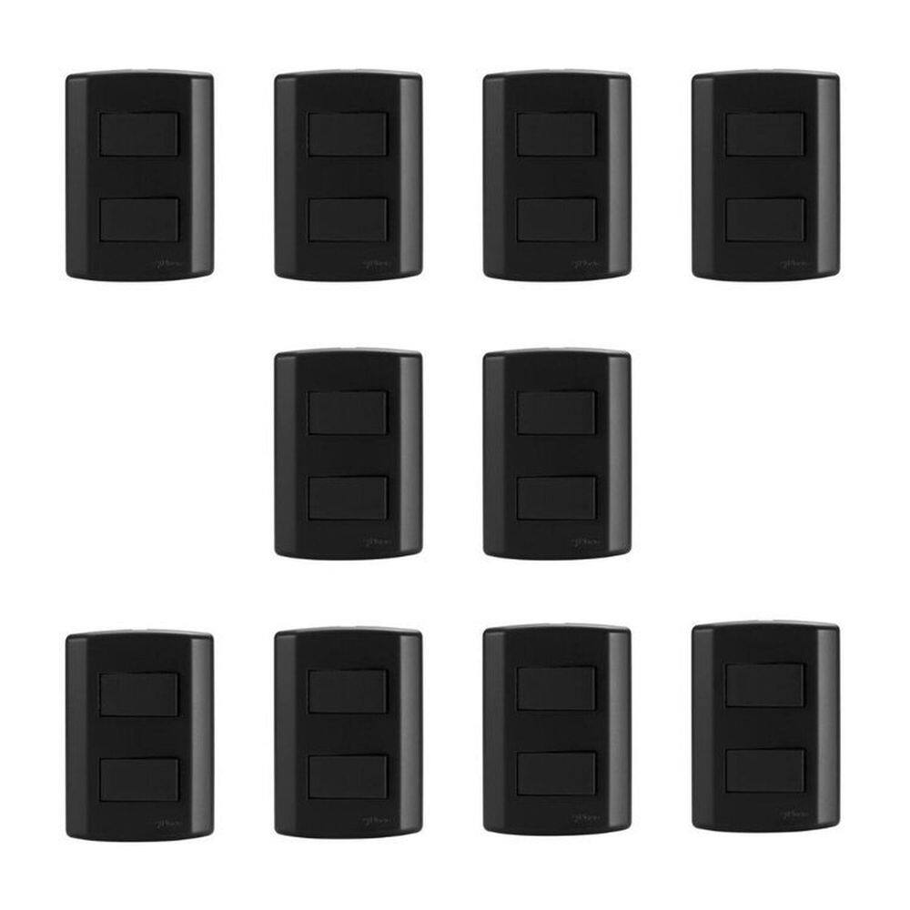 Conjunto de 10 Interruptores de 2 Teclas Simples, Modular, com Placa 4x2 e Suporte Preto