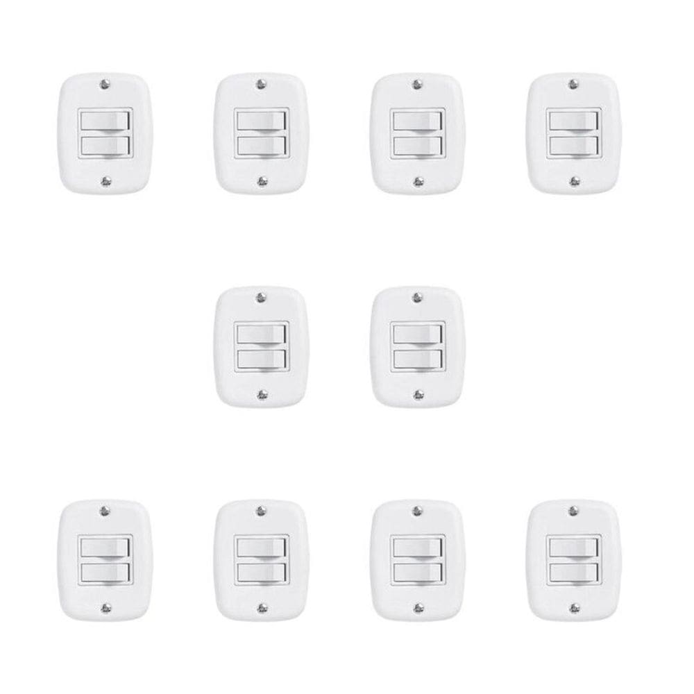 Conjunto de 10 Interruptores de 2 Teclas Simples com Placa de Sobrepor Branco