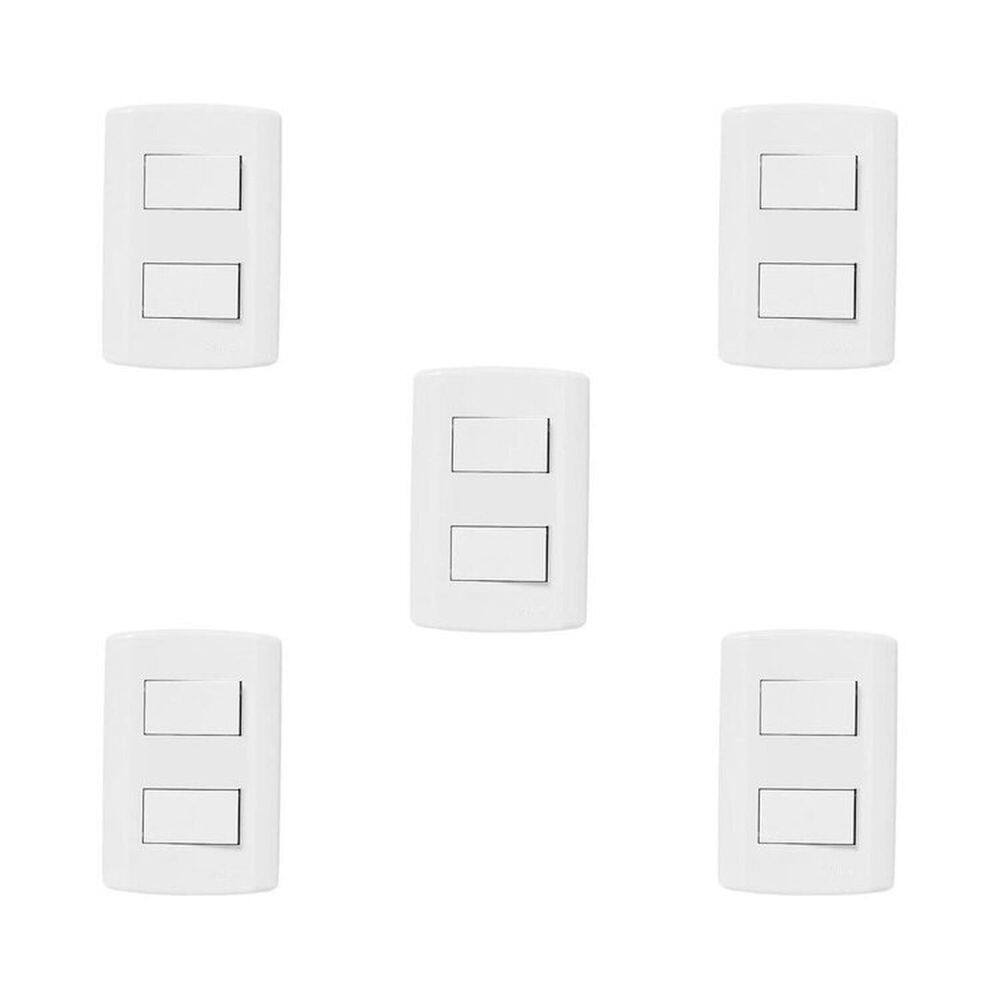 Conjunto de 5 Interruptores de 2 Teclas Simples, Modular, com Placa 4x2 e Suporte Branco