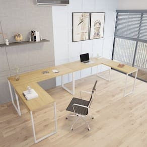 Kit 2 Mesas de Escritório em L Estilo Industrial 1,50mx1,50m Kuadra Lamina Mel/Branco