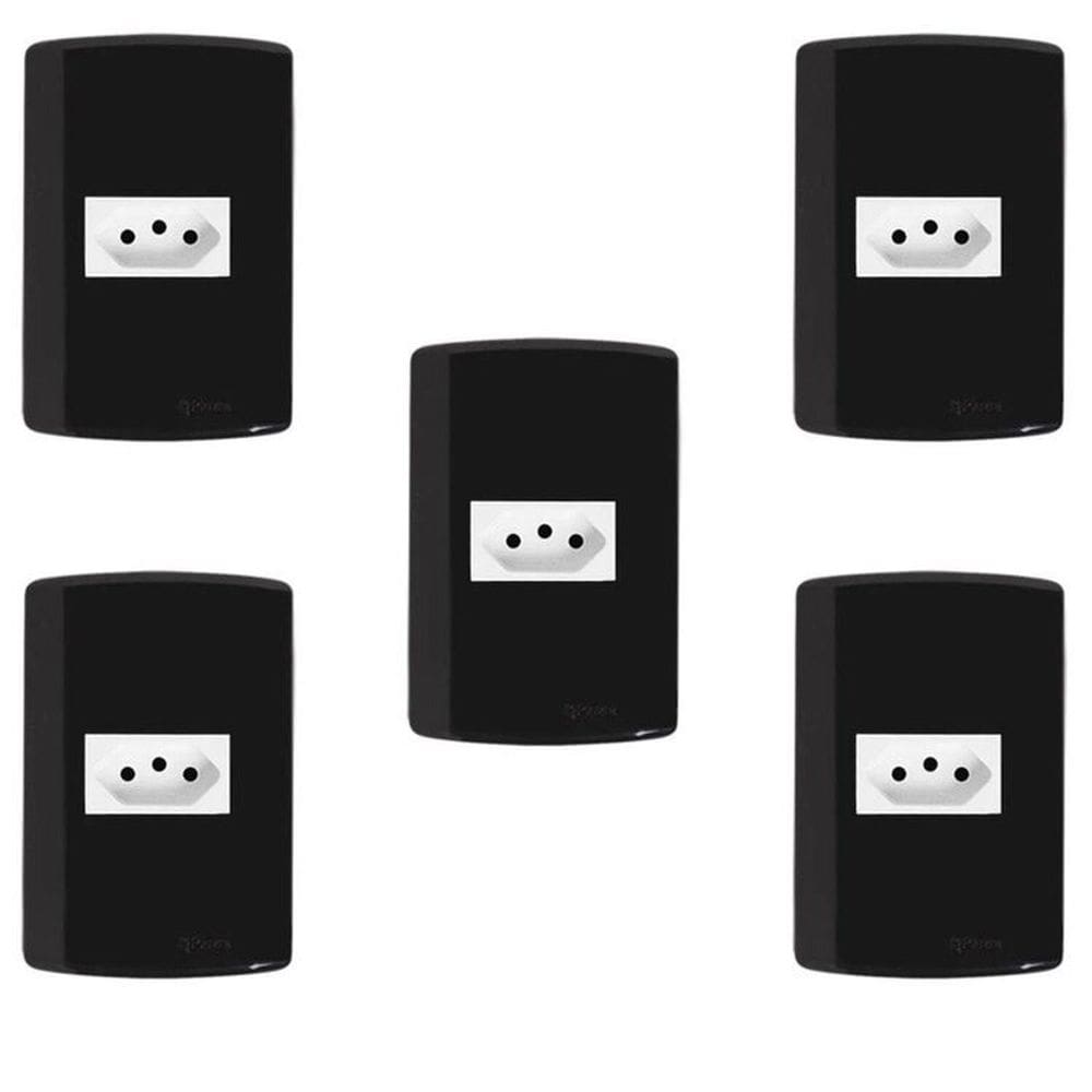 Conjunto com 5 Tomadas 2p+t 10A 250v, Modular, com Placa 4x2 e Suporte Preto
