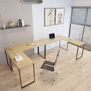 Kit 2 Mesas de Escritório em L Estilo Industrial 1,50mx1,50m Kuadra Lamina Mel