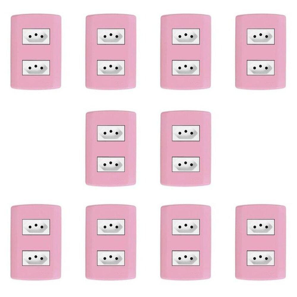 Dez Conjuntos com 2 Tomadas 2p+t 20A 250v, Modular, com Placa 4x2 e Suporte Rosa e Branco