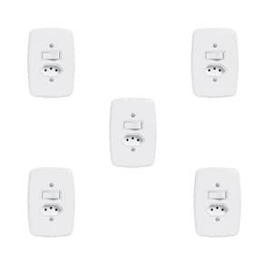 Conjunto de 5 Interruptores de 1 Tecla Simples e Tomada 2p+t 20A , com Placa 4x2 Branco